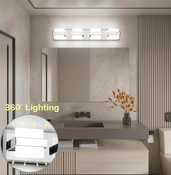 SOLFART Chrome Vanity Light Fixture, Bathroom Light Fixture Over Mirror, 4 Lights Vanity Lighting, Modern LED Bathroom Vanity Lighting, Easy Install Dimmable