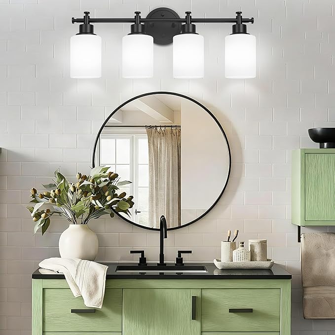 4-Light Bathroom Vanity Light, Black Vanity Lights for Bathroom, Modern Wall Sconce with White Glass Shades, Anti-Rust Vanity Light Fixture over Mirror, 23 Inch (Bulbs Not Included, E26 Base)