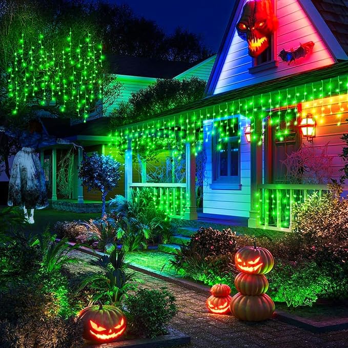 Icicle Lights for Outside - 33FT 400 LED Icicle Christmas Lights Outdoor with 75 Drops 8 Modes, Waterproof Connectable Curtain Hanging Lights for Indoor Eaves Patio Party Halloween Decorations, Green