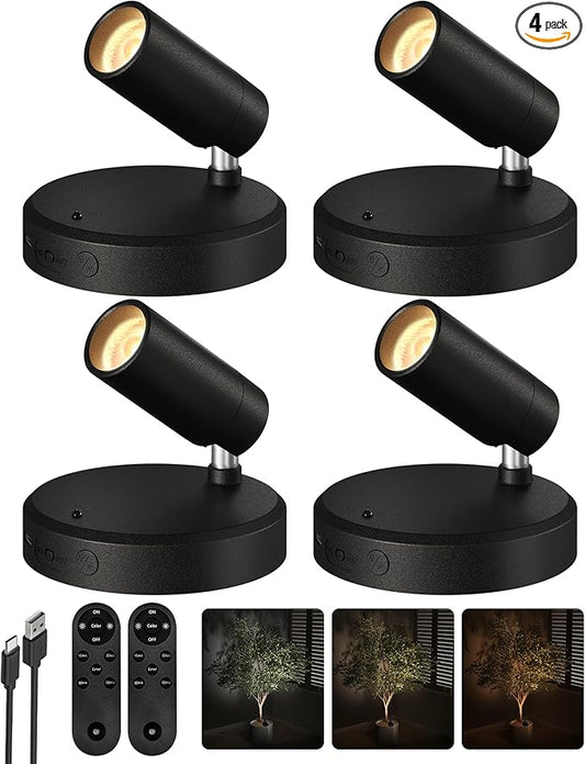 EZVALO Spotlights Indoor with Remote, 5500mAh Rechargeable Picture Lights, Wireless LED Uplighting with Timer＆Dimmable, 3CCT, Mini Plant Spot Lights for Painting, Artwork (4Pack-Black)