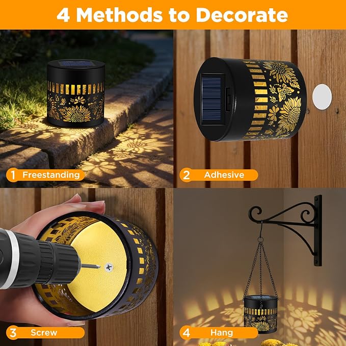 Forlivese 2 Pack Solar Fence Lights Outdoor, Metal Solar Powered Wall Deck Step Lights Sunflower Theme, Hanging LED Waterproof Decorative Lighting for Garden Patio Backyard Post Decor, Warm White