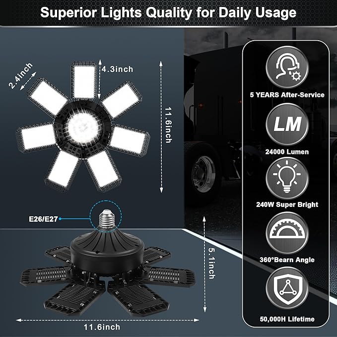 AUDLES 2 Pack LED Garage Light, 240W 24000LM 6500K LED Shop Lights, Garage Lights Ceiling Led with 7+1 Deformable Panels, E26/E27 Bulb Socket Lighting for Shop, High Bay, Attic, Basement, Warehouse