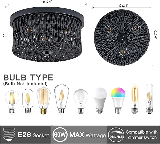 Black Rattan Light Fixture, 3 Light Flush Mount Ceiling Light, Boho Ceiling Light for Hallway, Entryway, Bedroom, Kitchen