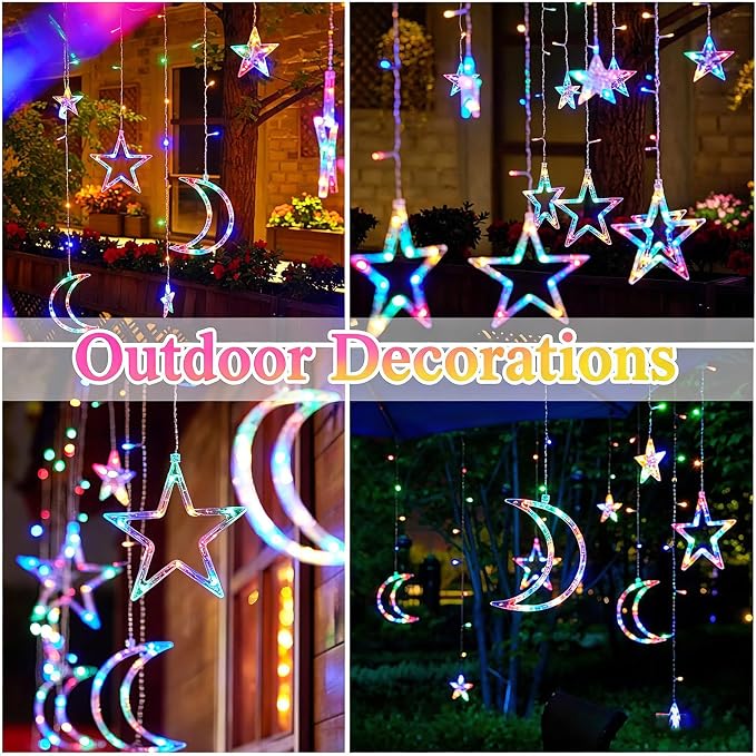 Star Moon Curtain Lights 11.5ft Remote Control LED Fairy Light Strings, 8 Flashing Modes Waterproof Decorative Lights for Garden, Christmas, Wedding, Party, Bedroom Decorations(Multicolored)