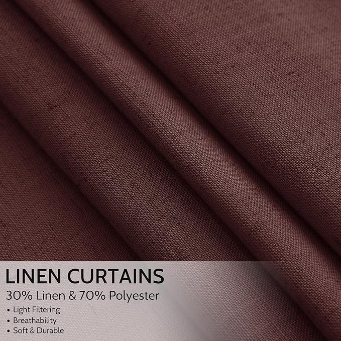 Reddish Brown Linen Curtains 90 Inch Long 2 Panels Set for Bedroom Living Room, Soft Linen Textured Window Drapes Semi Sheer Light Filtering Rod Pocket Back Tab Morden Style 52x90