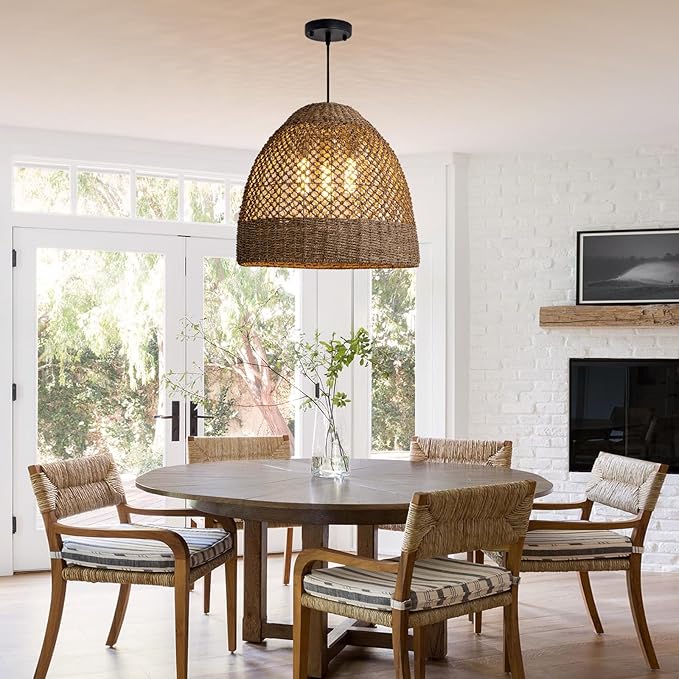 18.9" Farmhouse Rattan Pendant Light Fixture 3-Lights Costoal Chandelier Boho Hand Woven Wicker Hanging Light Fixture for Kitchen Island Living Room Bedroom Dining Room Foyer Restaurant Coffee