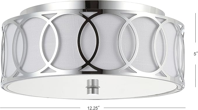 JONATHAN Y 12.25" Chrome 2-Light Modern Metal LED Flush Mount Ceiling Light for Bedroom Hallway, White Linen Drum Shade with Geometric Fretwork, LED Bulbs Included (JYL3502B)