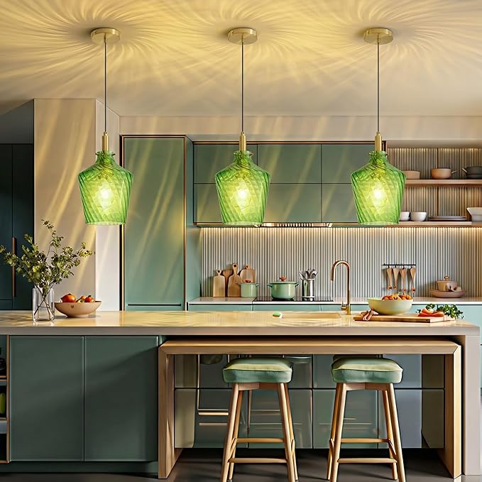 Modern Stripes Green Glass Pendant Lighting for Kitchen Island 1 Pack, Farmhouse Gold Pendant Light Fixtures, Height Adjustable Ceiling Pendant Light, 8 Inch