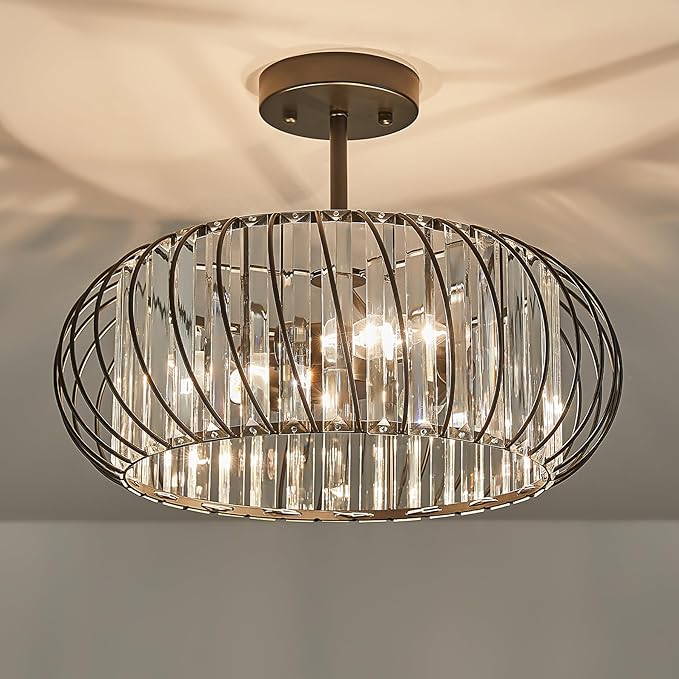Semi Flush Mount Crystal Ceiling Light, 3-Light 16 Inch Metal Cage Hallway Ceiling Lamps, Farmhouse Ceiling Light Fixture, Industrial Crystal Chandelier for Corridor Bathroom Kitchen (E12 Base)
