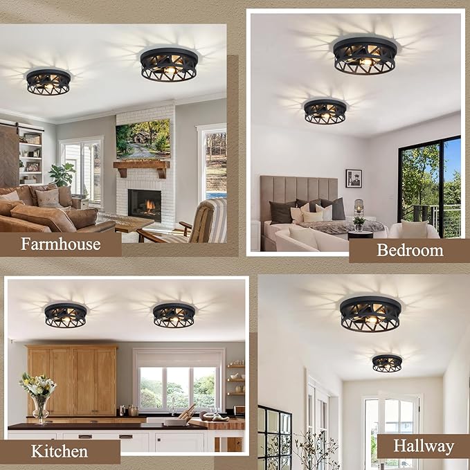 13 inch Black Flush Mount Ceiling Light Fixture,3-Light Light Fixtures Ceiling Mount for Hallway,Hall,Kitchen,Farmhouse (2 Pack)