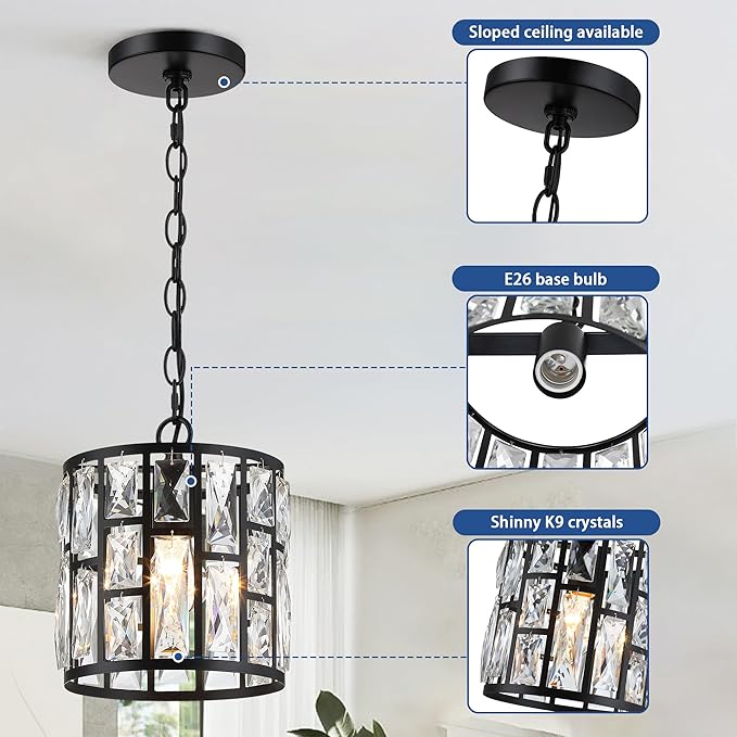 MEXO Modern Crystal Pendant Light,Black Chandelier Light Fixture, Cylinder Adjustable Height Pendant Lights for Kitchen,Dining Room,Living Room,Foyer,Hallway