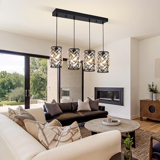 Pendant Lights Kitchen Island, 25.6” Modern Farmhouse Crystal Pendant Lighting, K9 Crystal Chandelier for Dining Room, Entryway & Bar, Adjustable Hanging Light Fixture (E26 Base, Bulbs Not Included)