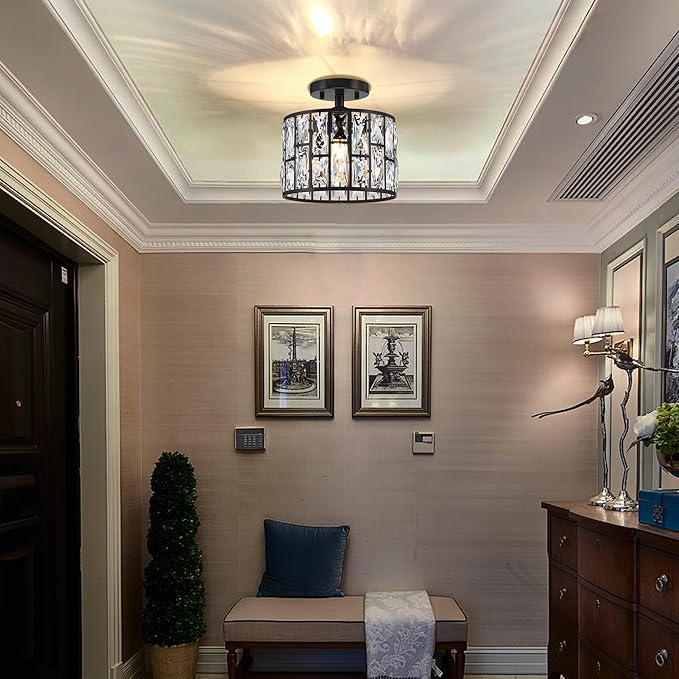 1 Light 9.25" Crystal Hanging Kitchen Island Ceiling Light Black Finish,Concise Semi Flush Mount Fixture Crystal Pendant Chandelier Shade for Bar,Dining Room,Living Room Over Sink