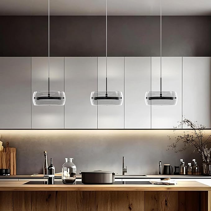 Pendant Lights Kitchen Island Dual-Sided LED Lighting, Adjustable Hanging Length, Glass Shade, Dimmable, Modern Ceiling Light Fixture for Dining Room, Bar, Living Room, Matte Black