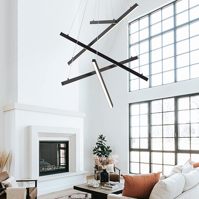 Black Led Modern Pendant Light, 5 Linear Lights led Chandelier Dimmable Hanging Pendant Lighting for Living Dinning Room Staircase Entry Foyer Restaurant