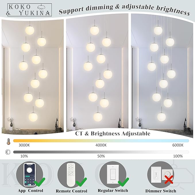 KoKo&Yukina 10 Light Globe Pendant Light Adjustable Hanging Light Staircase Chandelier Milk Glass Pendant Lights with Milky White Glass Shade Globe Lights for Staircase