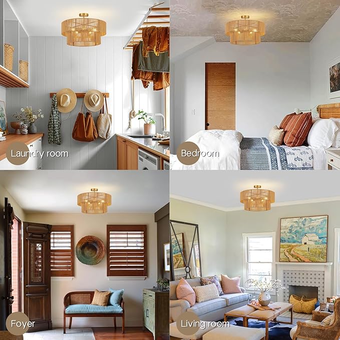 22” Boho 2-Tier Rattan Ceiling Light Fixture, 5-Light Flush Mount Woven Chandelier for Bedroom, Dining Room, Kitchen, Entryway, Living Room, Rustic Gold Lighting