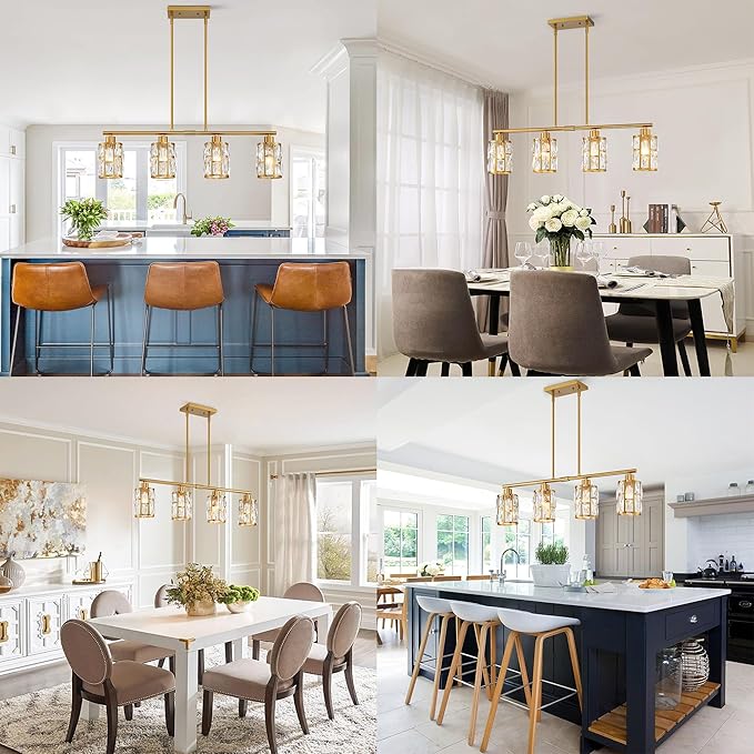 MEXO Crystal Pendant Light Fixture for Kitchen Island Dining Room, Farmhouse Chandelier Gold Close to Ceiling Lightings Over Table, 10068-GD