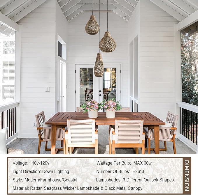 3-Lights Rattan Pendant Light Fixture,Boho Hand Woven Wicker Seagrass Farmhouse Ceiling Hanging Lighting,for Kitchen Island Dining Room, Restaurant, Hallway, Foyer,