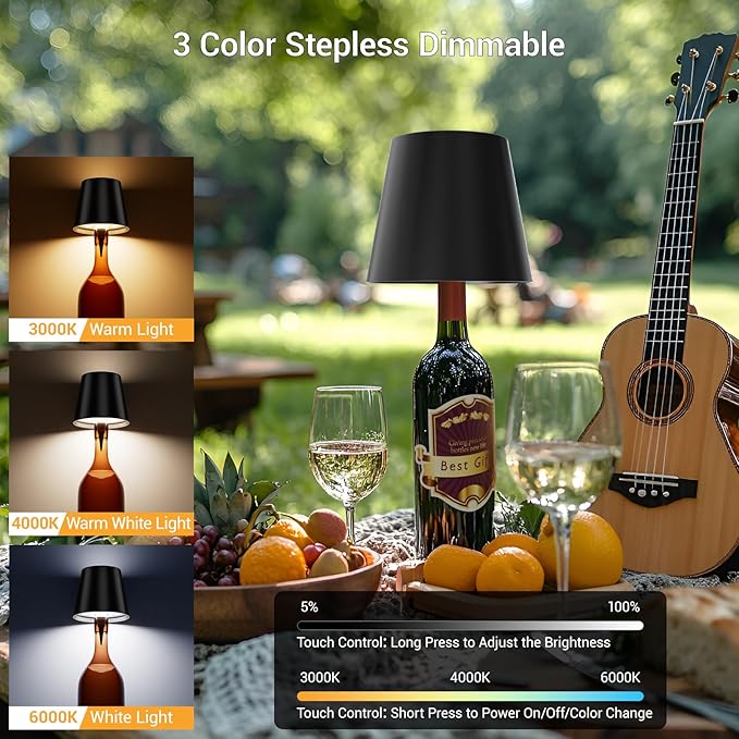 Wireless Bottle Lamp, Wine Bottle Lights with 3 Color Temperature, Rechargeable Stepless Dimming LED Bottle Lights for Liquor Bottles, Wireless Lamp for Bedroom Restaurant Bar (White, 1 Pack)