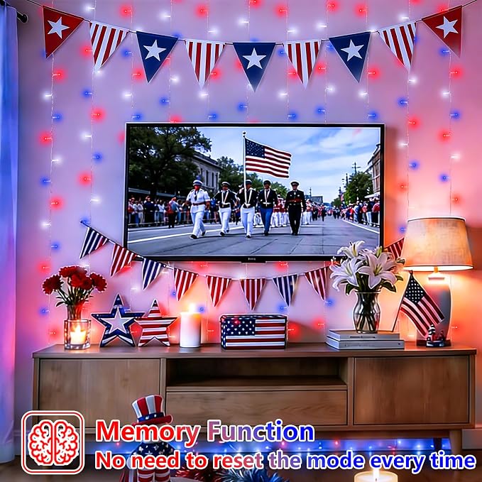 YEGUO 300 LED Red White and Blue Lights, 4th of July Lights Plug in, Patriotic Curtain Lights Hanging String Lights for Bedroom Wall Window Backdrop Indoor Outdoor Independence Memorial Day-9.8x9.8ft