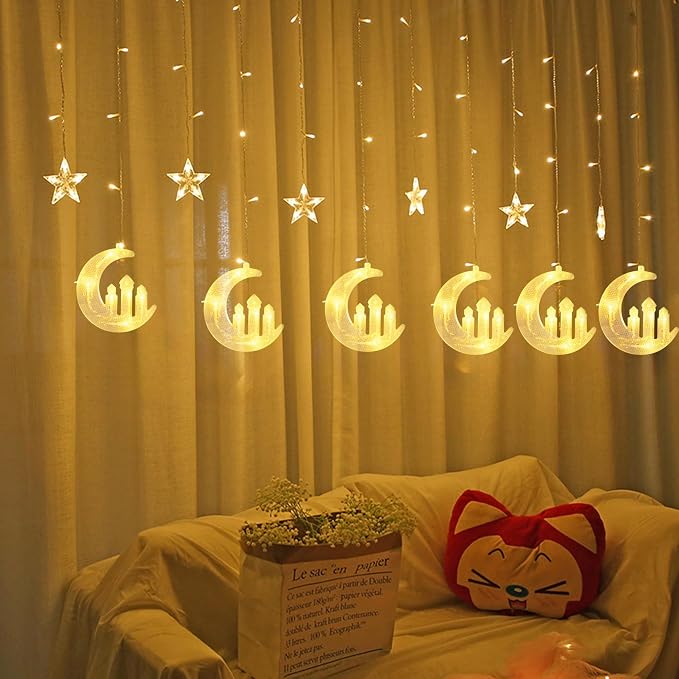 Dazzle Bright Moon Star and Fairy Tale Castle String Lights, 138 LED Muslim Curtain Fairy String Lights, 8 Lighting Modes for Home Holiday Ramadan Christmas Wedding Party Xmas Eid Decorations(USB)