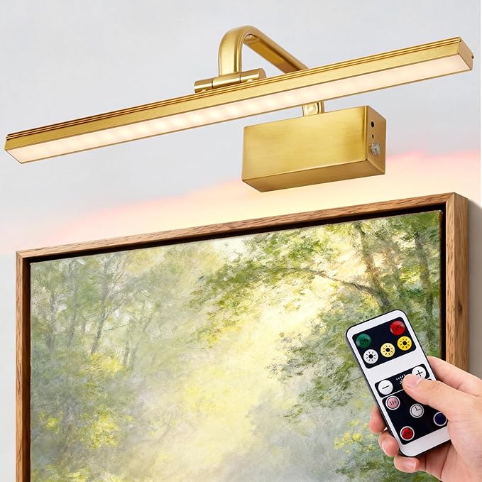 RAIFOOLLY Picture Light, 16inch Picture Lights for Wall Cordless with Timer and Dimmable, 5000mAh Battery Wall Lights for Display Gallery Painting Art Frame Portrait-Brass