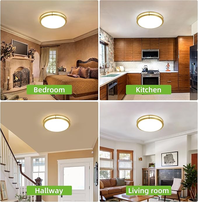 hykolity 16 inch Dimmable LED Flush Mount Ceiling Light Fixture, Gold, 36W, 2200LM, 2.7/3/3.5/4K/5K Adjustbale, 120°Light Angle, CRI80, Ceiling Lamp for Bedroom, Kitchen, Office, ETL Listed