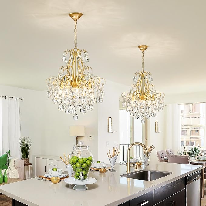 WUZUPS 5-Light Crystal Candle Chandelier Pendant Ceiling Modern Lighting Fixture for Bedroom Hallway Bar Kitchen Bathroom, H 22.8" W19.7, E12 Base, Gold