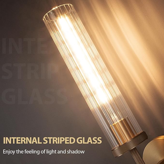 19.5" Knurled Brass Wall Sconces Set of 2, Gold Bathroom Vanity Light Fixtures with Vertical Striped Glass Tube, Modern Lamp Lighting for Bedroom, Living Room, Hallway, Staircase, Mirror, Kitchen