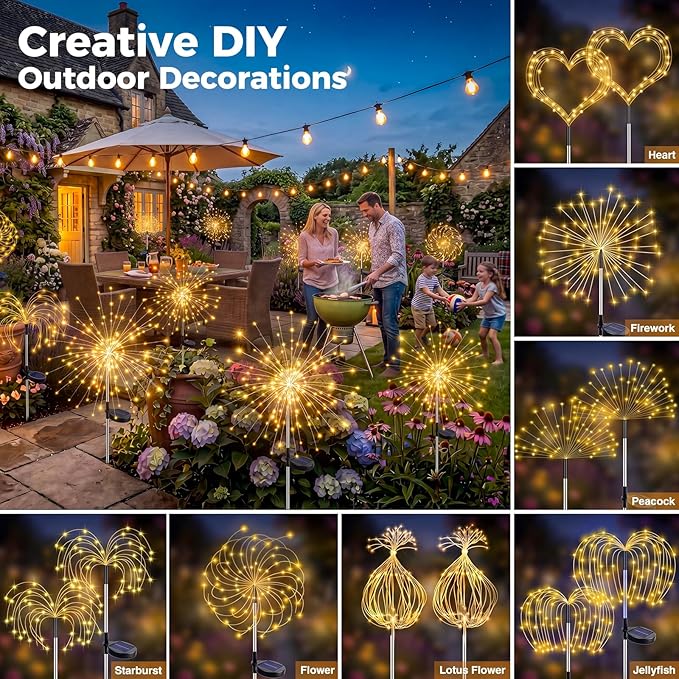 btfarm 3 Pack 120 LED Solar Garden Lights Outdoor, 8 Modes Firework Lights Solar Powered, Waterproof Twinkle Fairy Light Outside for Yard Patio Pathway Pool Christmas Party Decorative, Warm White