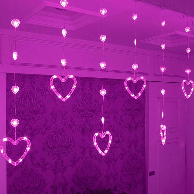YOLIGHT Heart Curtain Lights, 9.8ft Valentine's Day Decoration, USB sLED Hearts String Lights, Light up Heart Hanging Lights for Valentines Mother's Day Room Decor (Pink)