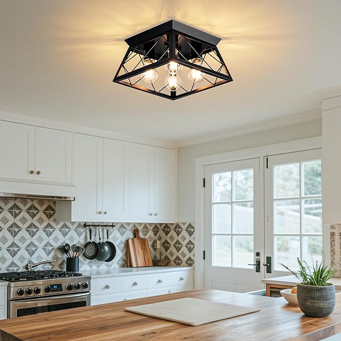 4-Lights Close to Ceiling Light, Black Industrial Ceiling Light Fixture for Dining Room, Kitchen, Living Room, Hallway, Entry, Laundry - E26 Base (No Bulb)