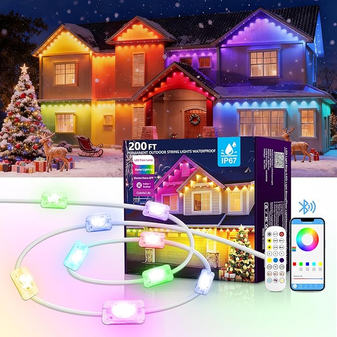 AHAWILL 200FT Christmas Permanent Outdoor Lights,RGB Eaves Lights with App & Remote Control,DIY Multi-Color Scene Modes,IP67 Waterproof,Outdoor Strings for House,Holiday Decorations for Christmas