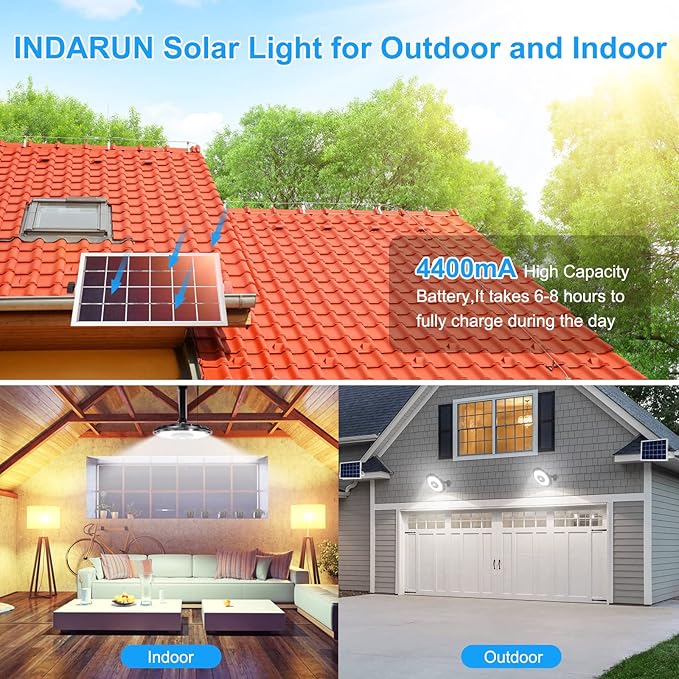 INDARUN Solar Shed Light Indoor Outdoor, Solar Motion Lights with 5 Modes, Up to 3000LM, Waterproof Pendant Barn Lights for Porch, Chicken Coop, Garage, Gazebo Lighting