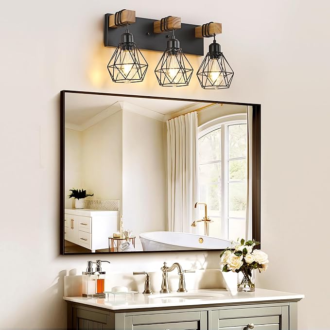 Farmhouse Vanity Light for Bathroom, 3-Light Wood Bathroom Vanity Light Fixtures Over Mirror, Rustic Sconces Wall Lighting with Metal Lampshade for Living Room, Bedroom, Hallway