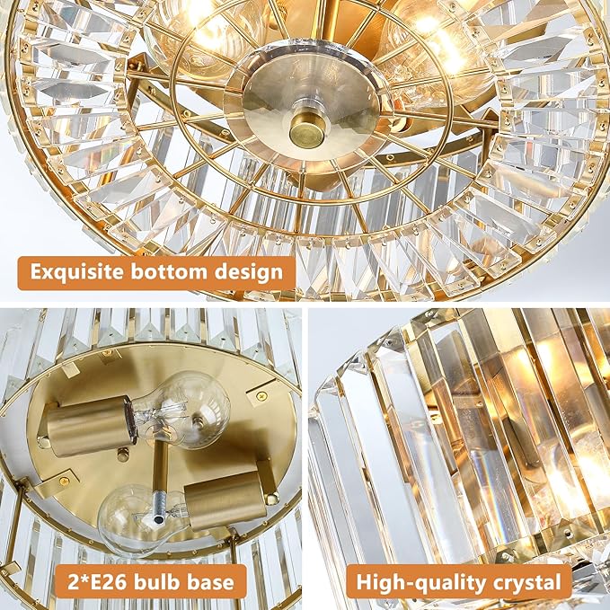 Gold Crystal Ceiling Light, 11.8" Semi Flush Mount Ceiling Light, 2-Lights Hallway Lighting Fixtures Crystal Chandelier Gold Bedroom Chandelier for Entryway Bathroom Foyer, E26 Socket