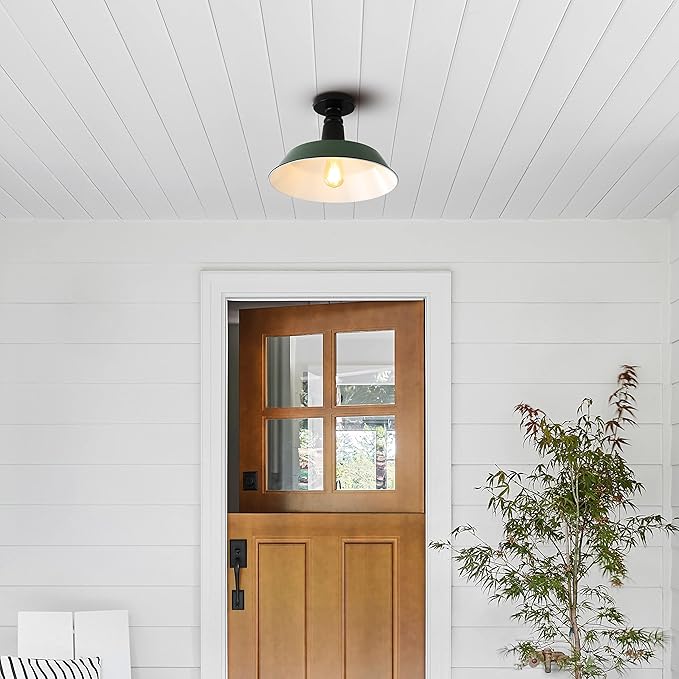 JONATHAN Y 14" Green/Black 1-Light Industrial LED Semi Flush Mount Ceiling Light for Porch, Kitchen, Entryway, Modern Farmhouse Iron Fixture, White Metal Shade, LED Bulb Included (JYL7617F)
