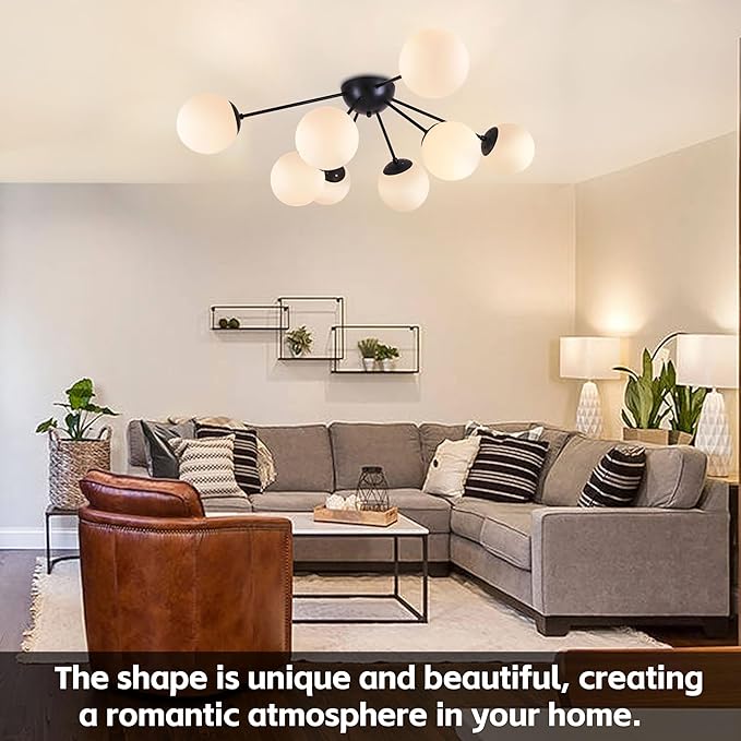 8 Light Mid Century Modern Semi Flush Mount Ceiling Light Fixture Globe Ceiling Light Sputnik Chandelier with Milk Glass Shade Matte Black Finish for Bedroom Hallway Dining Room Living Room