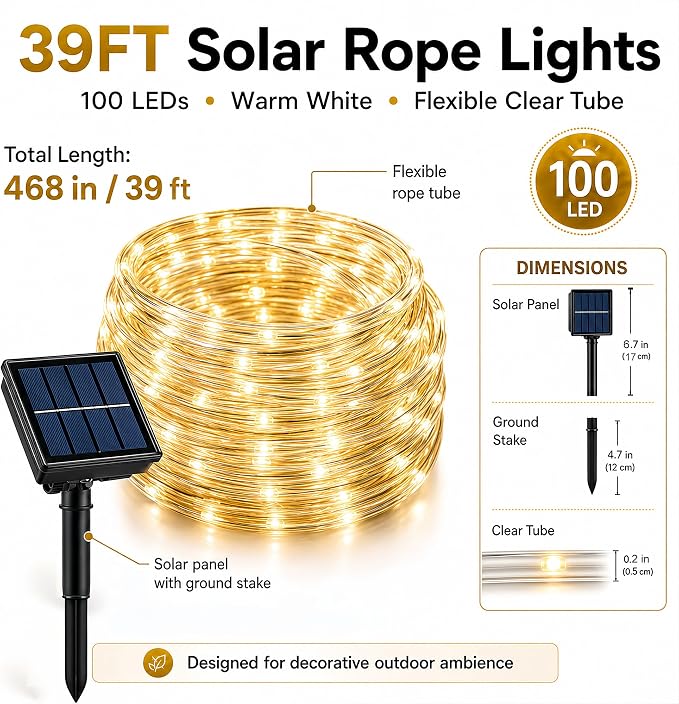 LairtPOW Solar Rope Light 2 Pack Waterproof IP65 39FT 100LEDs Outdoor LED ‎Solar Outdoor Lights for Party Garden Yard Home Wedding Christmas Halloween Holiday Tree Decoration Lighting