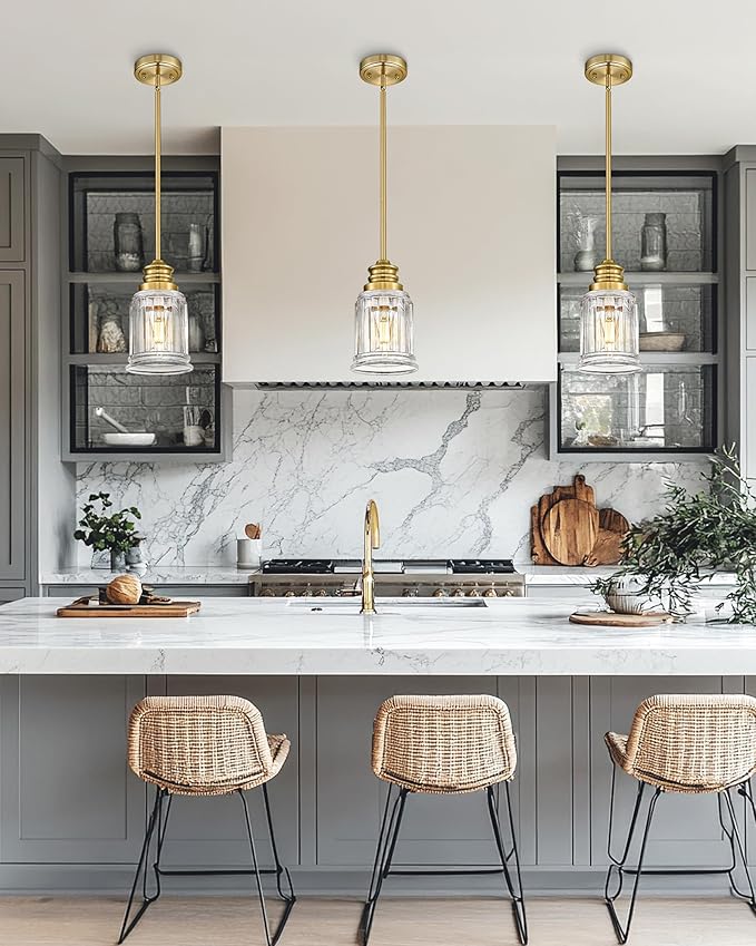 Brushed Gold Pendant Lights Kitchen Island 2 Pack, HWH 6 Inch Hanging Lights Fixtures with Bell-Shaped Fluted Clear Glass, Modern Kitchen Island Lighting, 5HZG106MIL-2L BG