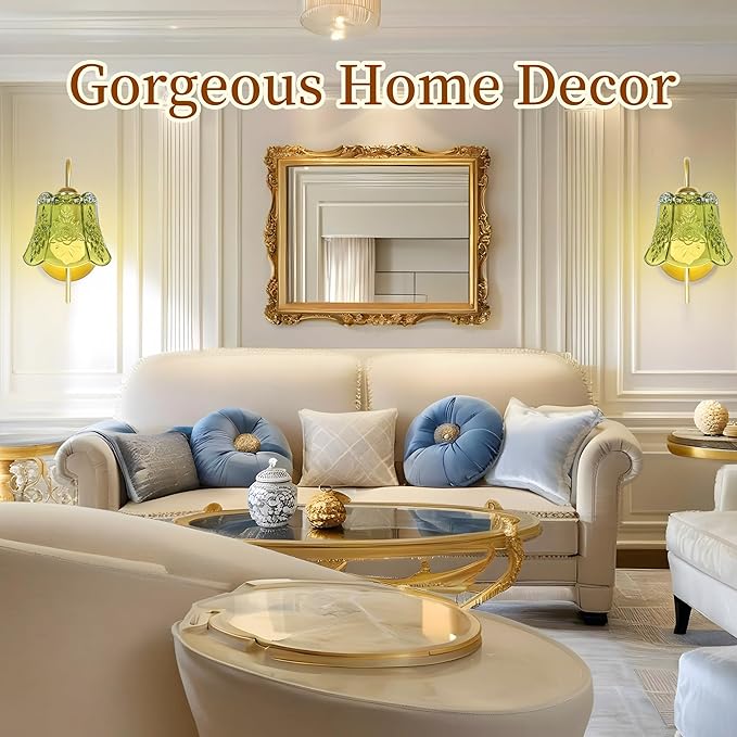 Wireless Wall Sconce with Flower lampshade, Battery Operated Wall Lights,Wall lamp with 15 Colors for Bedroom Living Room Home Decor (Green Flower,2 Light Battery Operated)