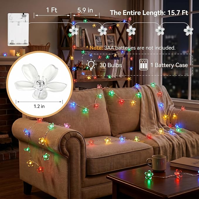 ITICdecor Flower Fairy Lights Battery Operated String Lights 30LED Cherry Blossom Waterproof Indoor Decoration for Camping Garden Fence Birthday Terrace Yard Wedding Party Bedroom (Multicolor)