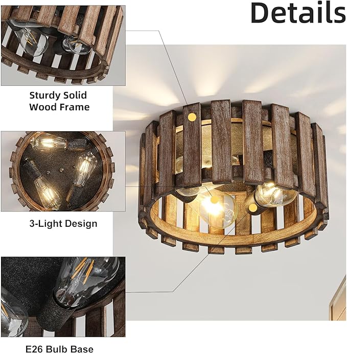 Farmhouse Flush Mount Ceiling Light, 12.2 Inch 3-Light Metal and Wood Close to Ceiling Light Fixture, Rustic Ceiling Light for Kitchen, Dining Room, Living Room, Hallway