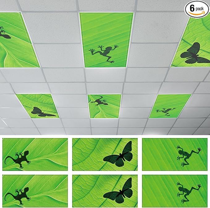 6 Pcs Fluorescent Light Covers with 60 Magnets Decorative for Classroom Ceiling Lights 4 x 2 Feet Magnetic Light Cover Filter Easy Install for Office Hospital Home Ceiling Supplies (Green Leaf Frog)