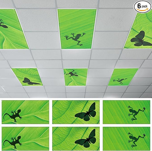 6 Pcs Fluorescent Light Covers with 60 Magnets Decorative for Classroom Ceiling Lights 4 x 2 Feet Magnetic Light Cover Filter Easy Install for Office Hospital Home Ceiling Supplies (Green Leaf Frog)