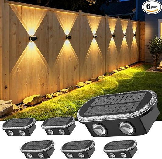 Ellasay Fence Lights Solar Powered: Outdoor LED Wall Lighting Dual Beam and 3 Color Modes IP65 Waterproof 12H Long Lasting Easy Mount for Garden Patio Backyard 4 Pack