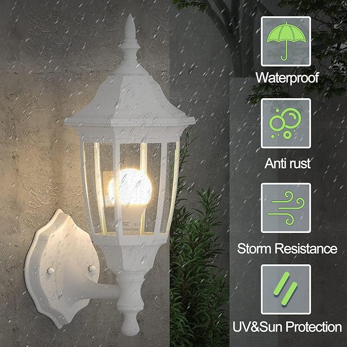 EMART Dusk to Dawn Plastic Outdoor Wall Light Fixtures with Bulbs, Waterproof and Anti-Corrosion Porch Sconces, Exterior Lanterns Wall Mount Lamp for Outside, Garage, Front Door, Patio, 2 Pack, White