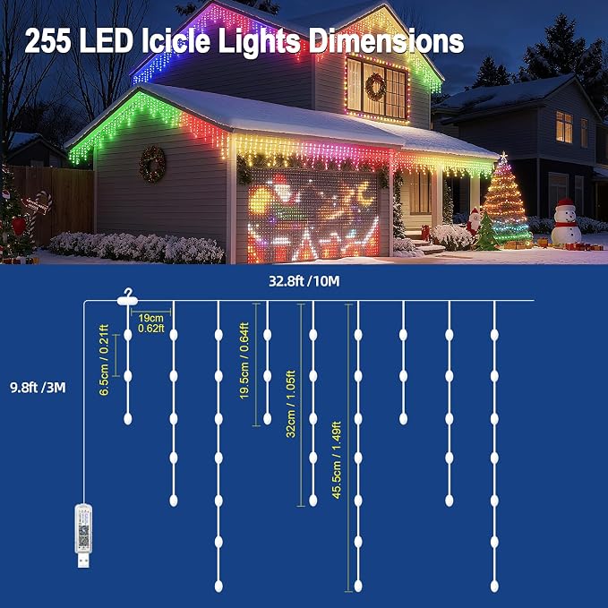 AHAWILL Icicle Lights for Outside,33ft Christmas Lights Outdoor with Dimmable 255LED,IP65 Waterproof,USB Plug in Curtain String Lights with DIY Scene Modes for Party,Roof,Halloween Decor(Multicolor)