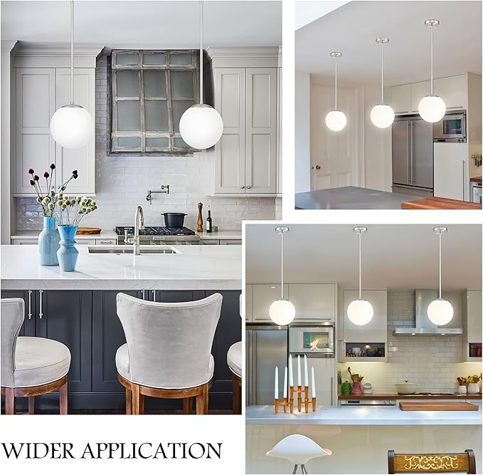 Bagood 8 Inch Globe Pendant Light Nickel Globe Pendant Lights Kitchen Island Mid Century Light Fixture with Milky White Glass Contemporary Adjustable Hanging Lights for Dining Room (Bulb Included)